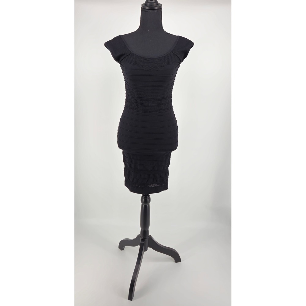 Bebe Black Bandage Bodycon Mini Dress Mesh Detail Sleeveless Scoop Neck P/S